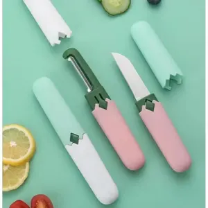 3pc 6pc PISAU PEELER 2IN1 PEMOTONG BUAH DENGAN PENUTUP TRAVEL MULTIFUNGSI SET