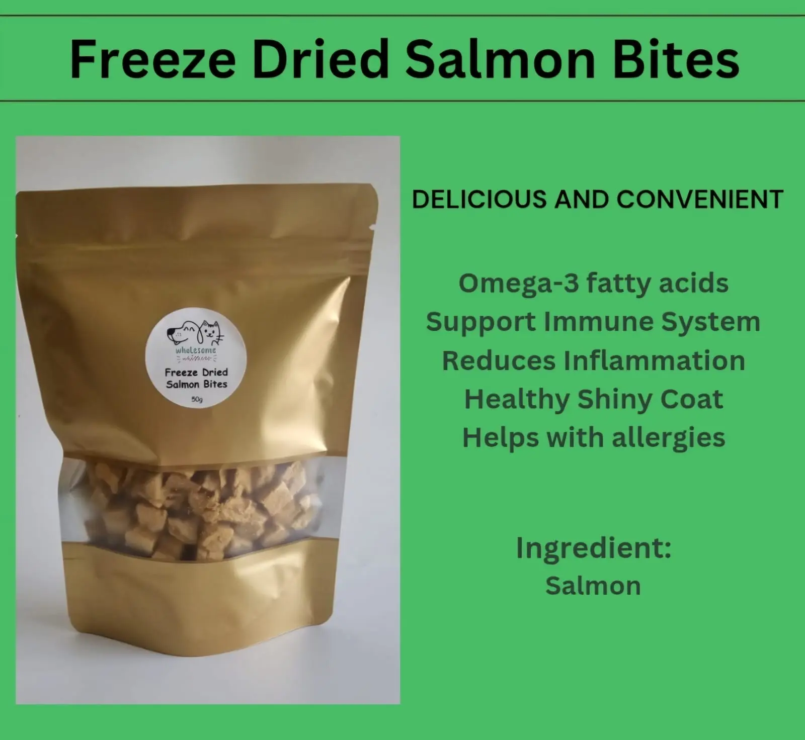 Wholesome Whiskers Freeze Dried Salmon Bites for Dogs and Cats