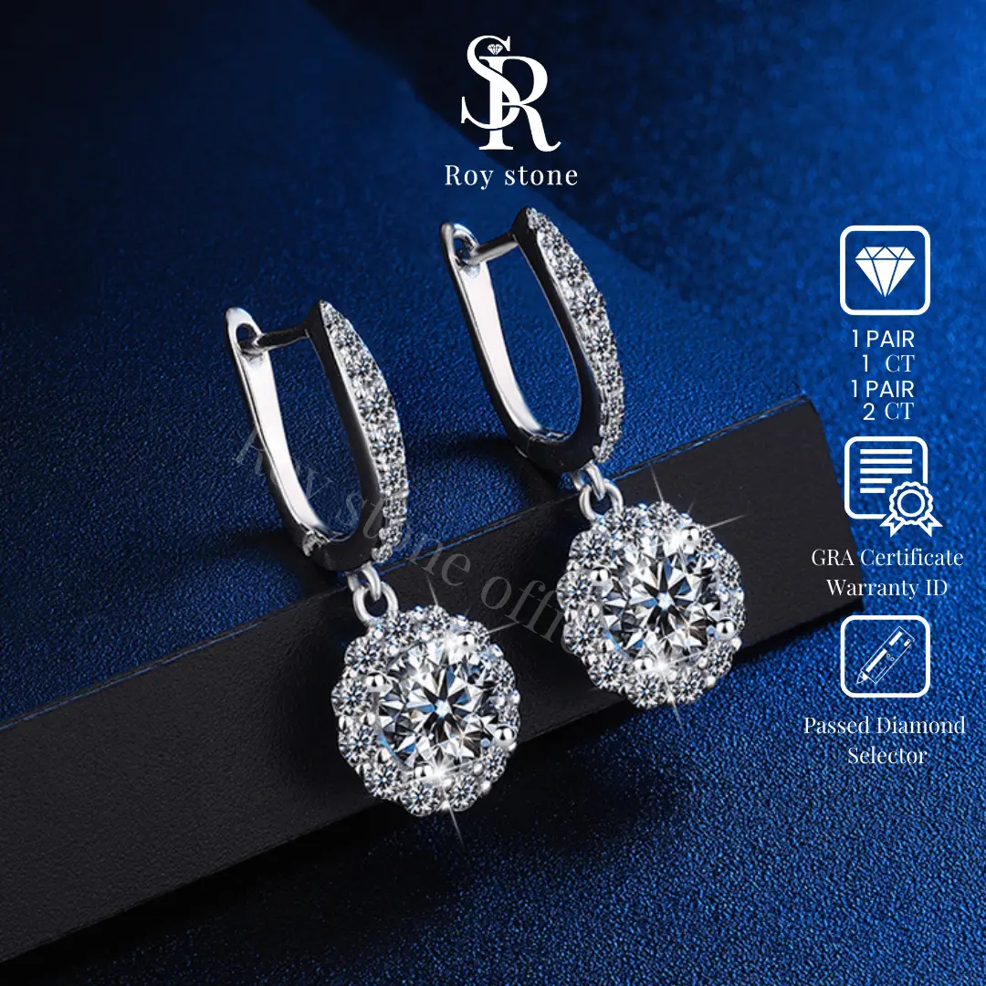 RoyStone - Anting Wanita Moissanite Sertifikat GRA Original Lapis Emas - Flower Earrings