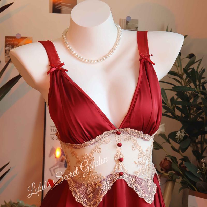 LULU 1053-Sexy Lace Hollow Solid Color Seductive Camisole Nightdress and Robe Set for Women - Homewear 4