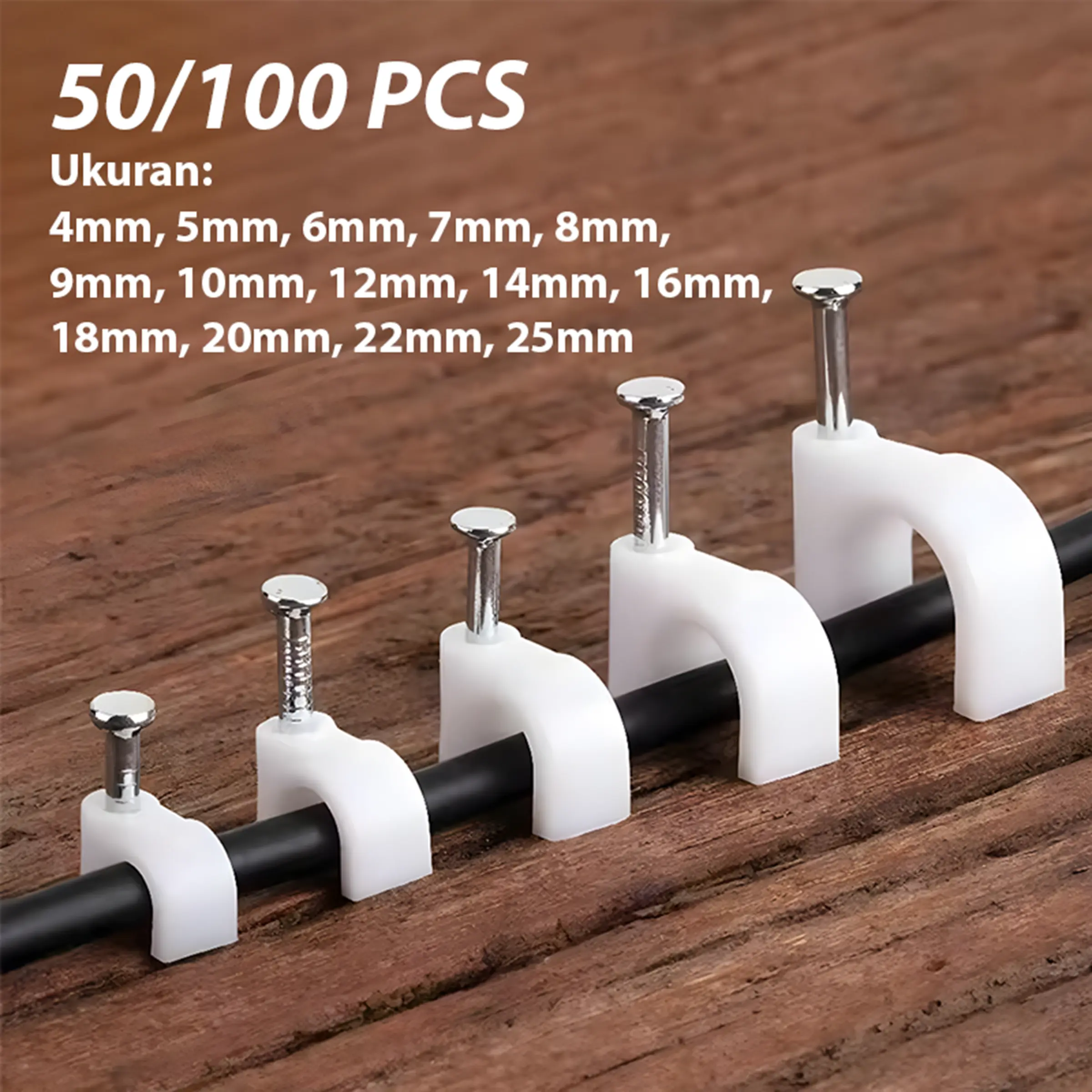 Klem Kabel Pipa Paku Beton Sadel Klip Jepit Cable Clip 4mm 5mm 6mm 7mm 8mm 9mm 10mm 12mm 14mm 16mm 18mm 20mm 22mm 25mm Packing Box
