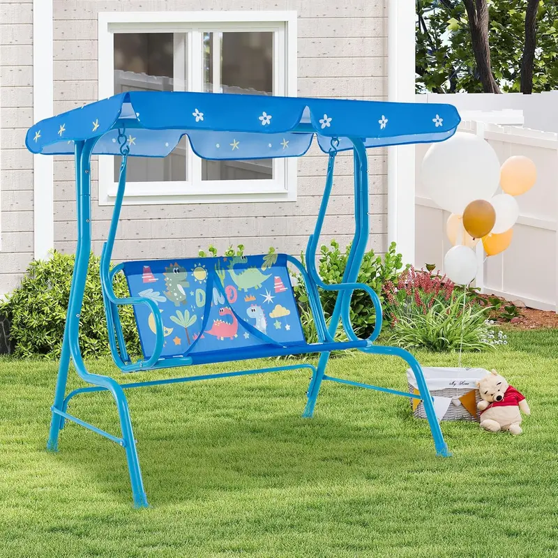 GYMAX Kids Patio Swing Chair, 2 Seats Garden Swing Bench with Adjustable Canopy and Safety Belts, Porch Swinging Lounger Seater for Outdoor & Indoor 0