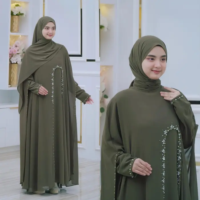 Gamis Wanita Dewasa Set Hijab Pashmina Bahan Ceruty Full Puring Gamis Lebaran Kondangan Pengajian Mewah Cantik Nyaman Pesta Remaja Payet 5