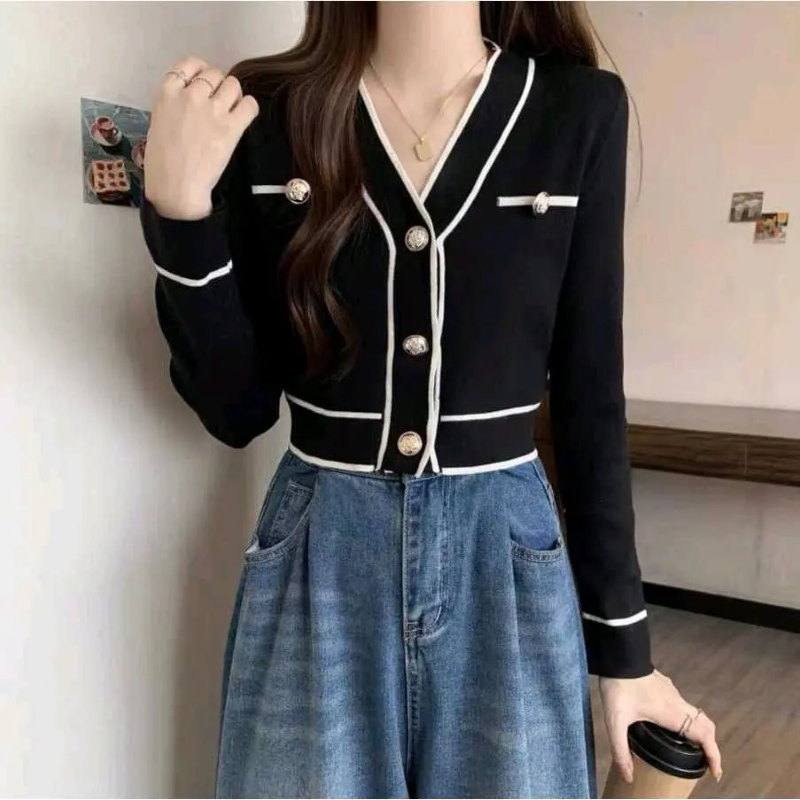 LUNNA CROP BUTTON CARDIE SWEATER WANITA-ATASAN WANITA OUTFIT COREAN STYLE TERBARU Cardigan
