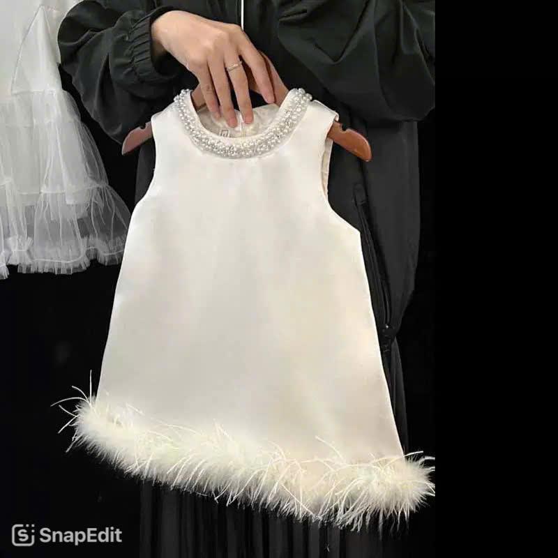  Đầm dự tiệc bé gái,thiết kế cổ đính hạt phối lông vũ cho bé đầm dáng suông cao cấp cho mẹ và bé gái 15-55kg 