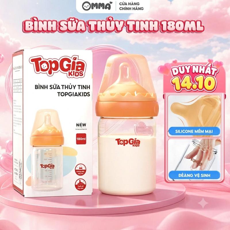Bình Sữa Thủy Tinh Cao Cấp TopGia Kids 180ml - An Tâm Chất Liệu Thủy Tinh Borosilicate, Núm Ti Silicone Siêu Mềm, Van Khí Chuẩn Nhịp Sữa Chống Sặc ntn