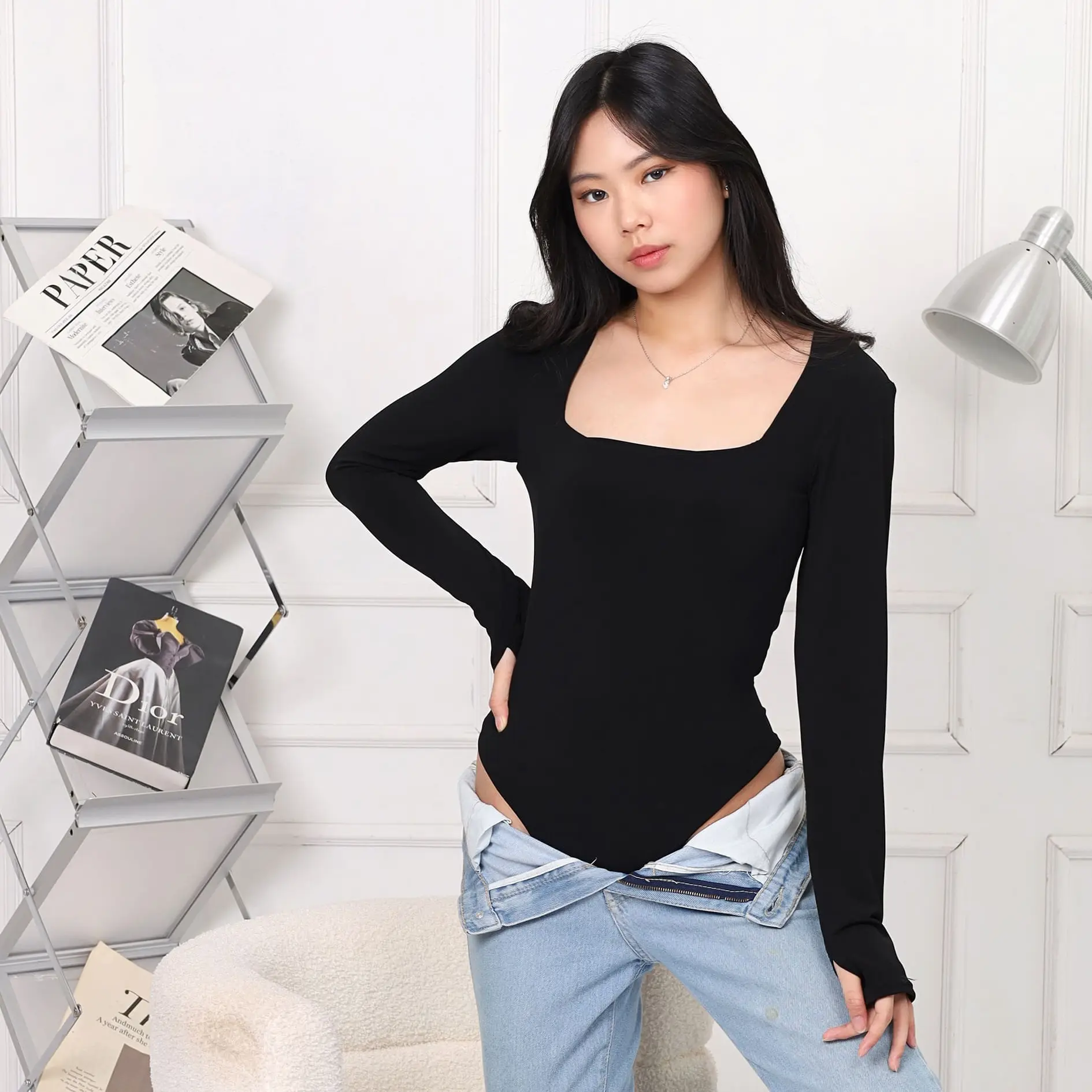 MINJI Baju Atasan Wanita Long Sleeve Leher Kotak - Bodysuit Basic Polos Lengan Panjang Leher Kotak - Kaos Jersex Spandex Square Neck