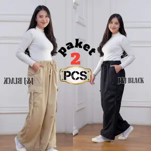 J&J BLACK Paket Hemat 2pcs Celana Cargo Highwaist & Kulot Bahan Halus Adem Stylish Nyaman untuk Aktivitas Sehari-hari Ukuran Standar Jumbo Superjumbo