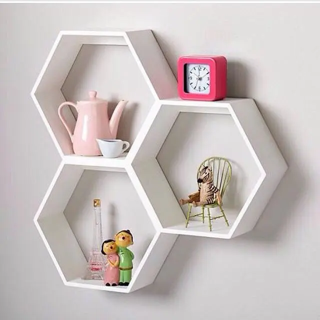 RAK DINDING AESTHETIC MINIMALIS, HIASAN DINDING KAYU RAK DINDING KAYU HEXAGONAL, HIASAN DINDING MK DEKOR Biru Merah Hijau