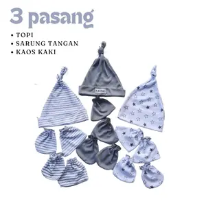 Topi Set 3 Pasang Sarung tangan Kaki Bayi Baru Lahir Laki-Laki Perempuan seri Abu Parsel