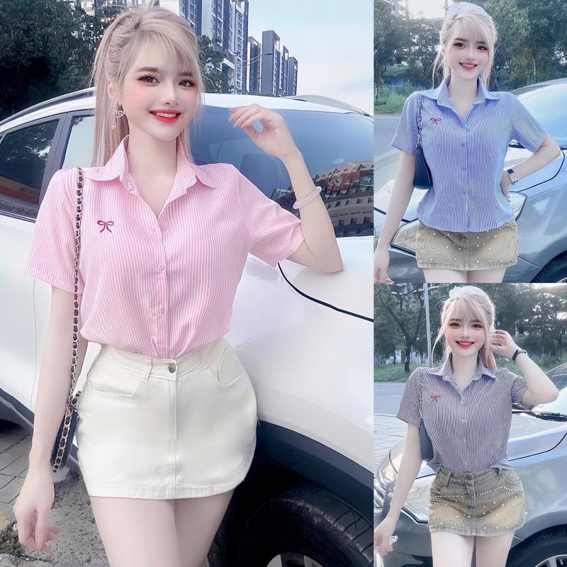 Áo sơ mi nữ kẻ sọc tay ngắn thêu nơ, áo sơ mi trẻ trung cá tính