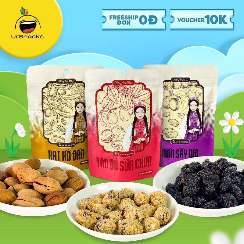 [COMBO 3 LOẠI HẠT] HẠT HỒ ĐÀO, TÁO ĐỎ SỮA CHUA, MẬN SẤY DẺO CAO CẤP URSNACKS FOOD ĂN VẶT