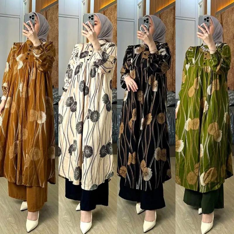 MONICA STELAN LONG TUNIK DAN CELANA ONESET ATASAN DAN CELANA NYAMAN SIMPLE MEWAH DAN ELEGAN OUTFIT DAILY COCOK UNTUK SEMUA MUSIM TUNIK FULL MOTIF CELANA POLOS Crinkle Airflow Muslim Panjang Setelan Rayon Diamond 0