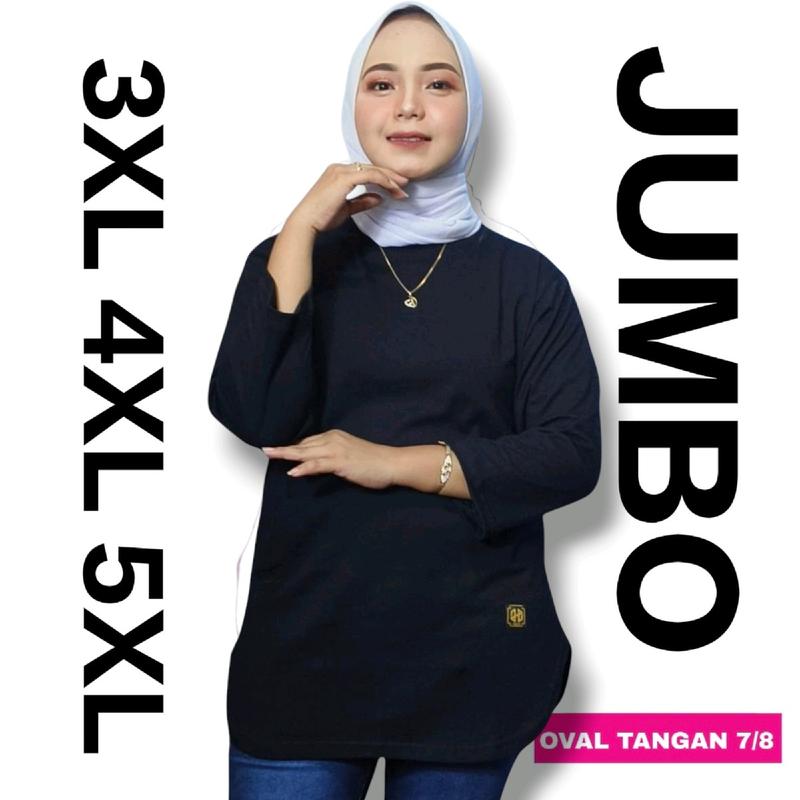 Hayylikstore kaos JUMBO hitam 3xl 4xl 5xl  Lembut  Combed kekinian oval lengan panjang 7/8 katun tebal atasan Polos Oblong Santai kasual wanita Dewasa 0