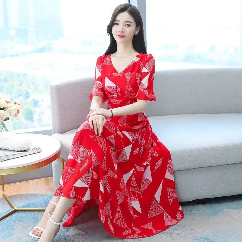 Discount Floral Short Sleeve Dress 2024 Summer New Tight Waist Elegant Long Dress Large Swing Skirt Fashion Skirt