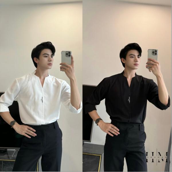 Áo sơ mi nam nữ dài tay Gimme cổ áo cách điệu chữ V chất đũi sần cao cấp SIXHUMAN HM051 Menswear