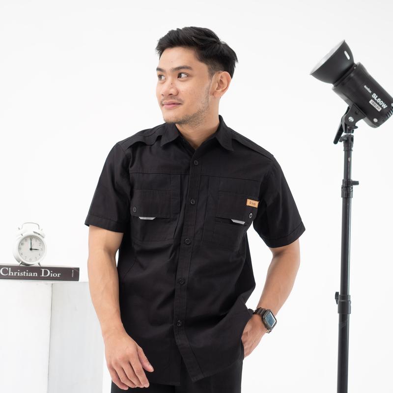 samone- kemeja stripe lengan pendek kemeja kerja dan santai pria lengan pendek bahan canvas ukuran normal dan jumbo casual - kemeja kerja 5