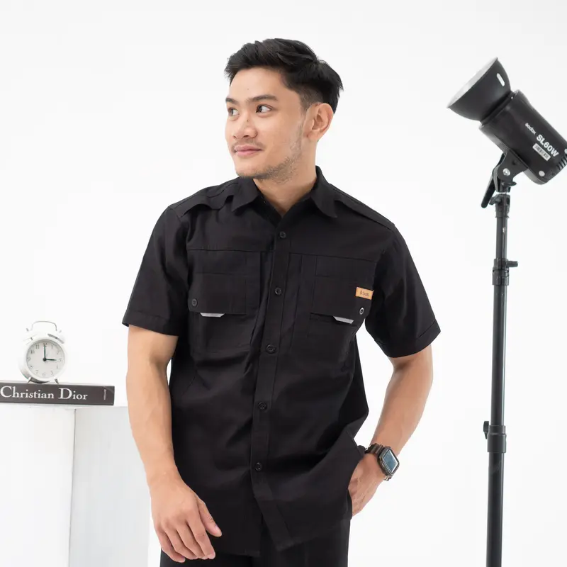 samone- kemeja stripe lengan pendek kemeja kerja dan santai pria lengan pendek bahan canvas ukuran normal dan jumbo casual - kemeja kerja 5