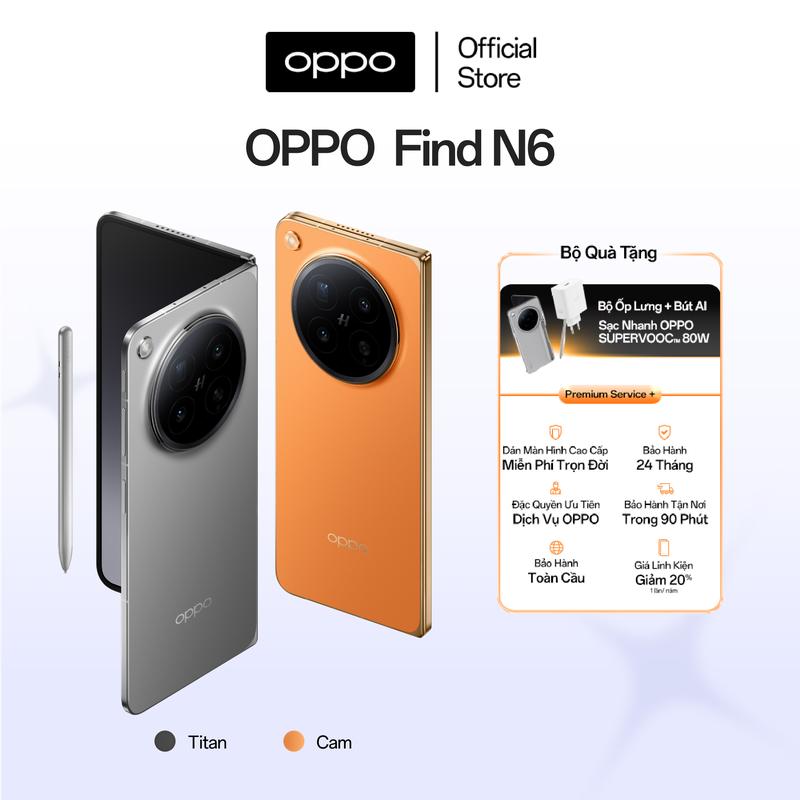 Điện Thoại Gập OPPO Find N6 | Tặng Kèm Bộ Ốp Lưng + Bút OPPO AI Magic Pen + Củ Sạc Nhanh 80W + Premium Service | Nếp Gấp Vô Hình