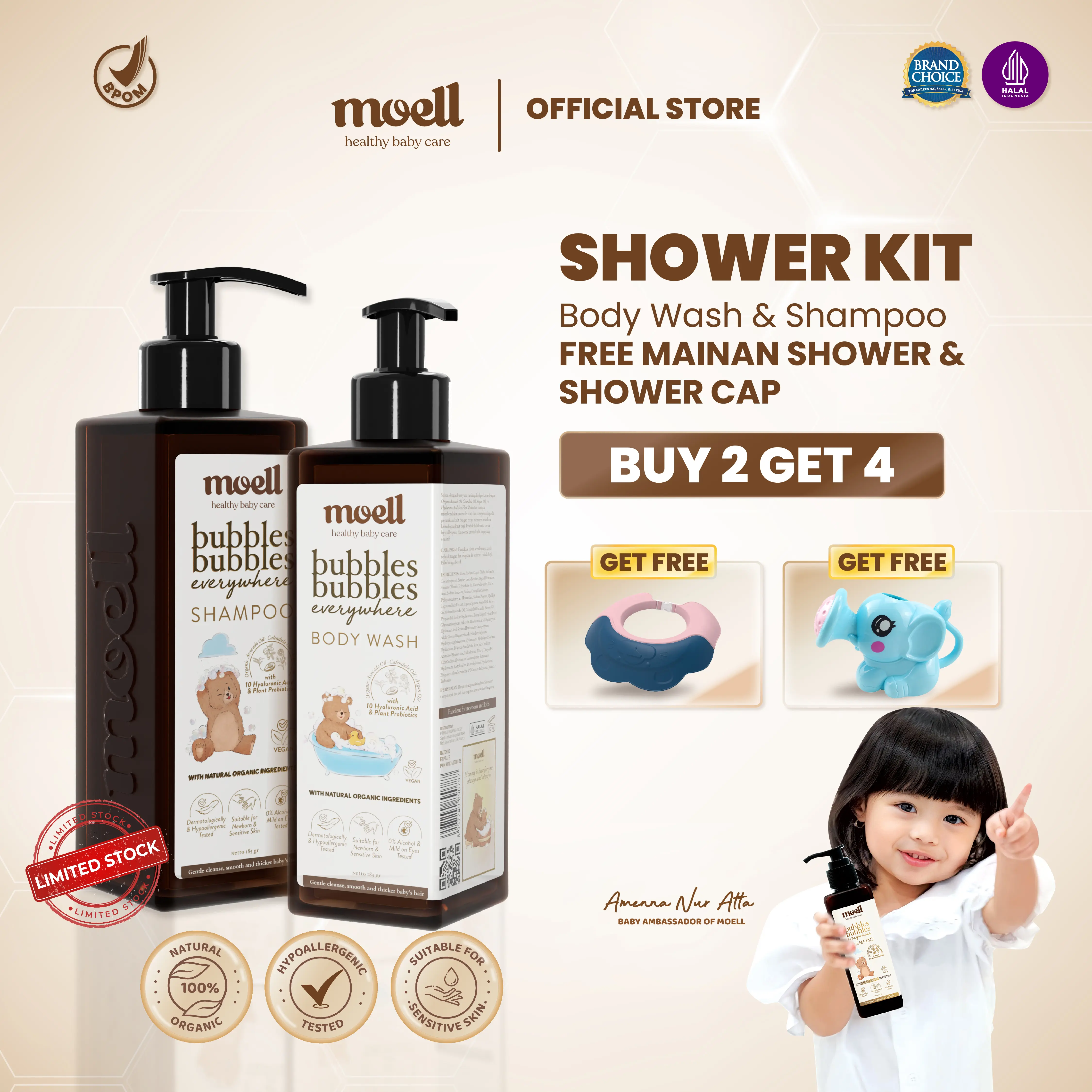[BUY 2 GET 4] Moell Shower Kit Body Wash 185ml & Shampoo 185ml FREE Shower Cap & Mainan Shower - Body Wash & Shampoo NON SLS Soft & Gentle