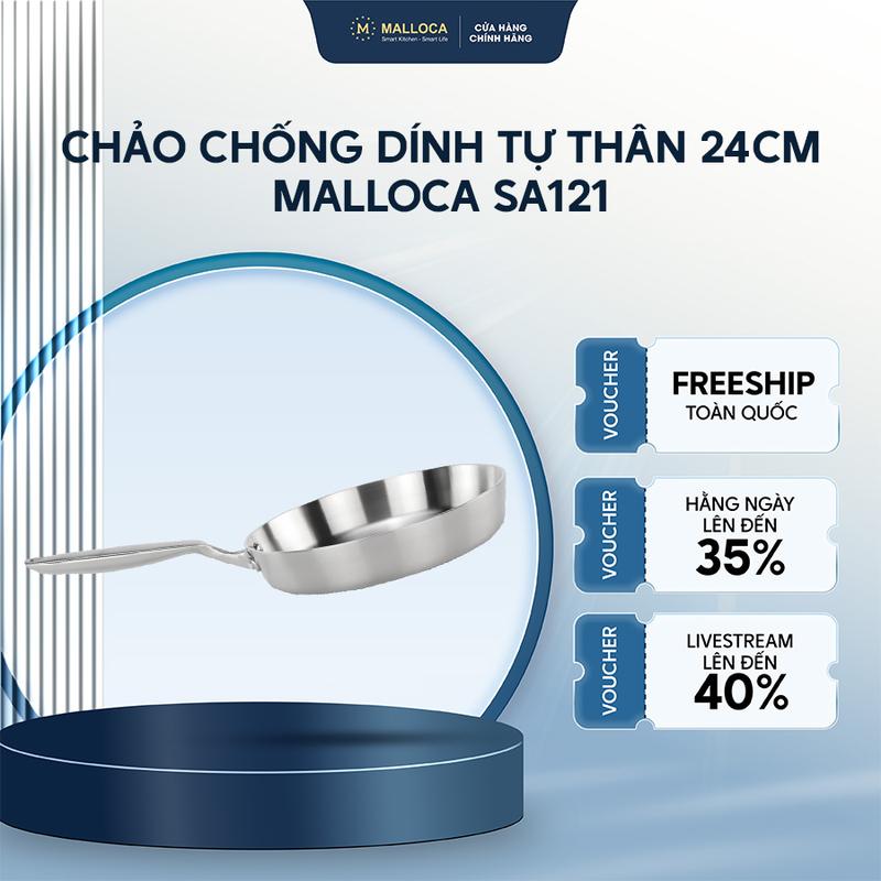 Chảo inox nguyên khối 3 lớp Malloca 24 CM SA-121 Sử Dụng Tất Cả Loại Bếp