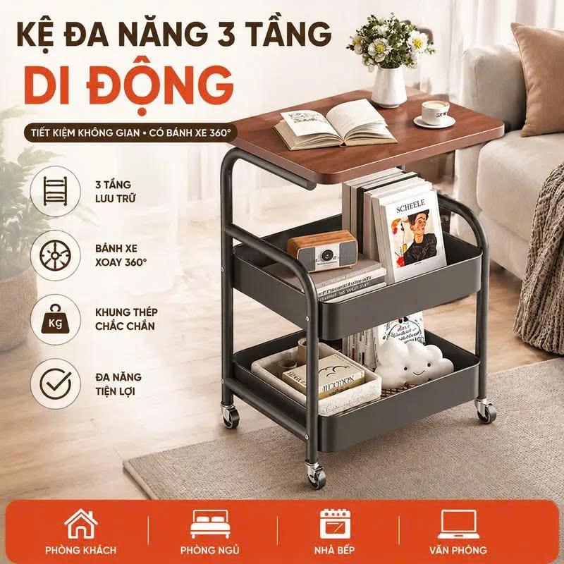 Kệ 3 Tầng Bánh Xe Có Khóa, Mặt Gỗ MDF Chắc Chắn, Đa Năng Phòng Khách – Phòng Ngủ – Nhà Bếp , Cực Kì Tiện Lợi, Dễ Lắp Đặt