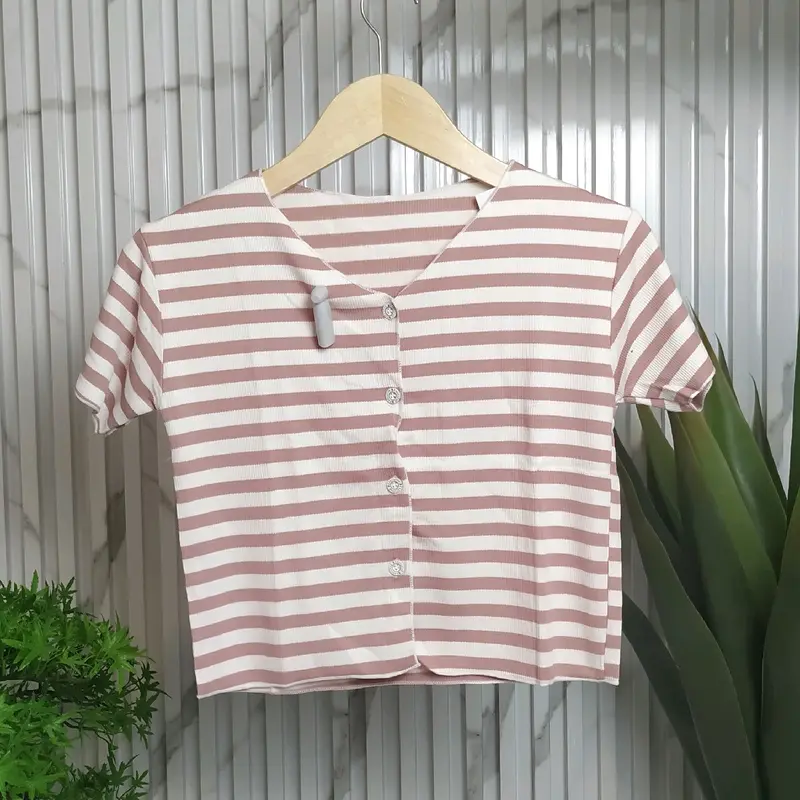 CROP TOP LENGAN PENDEK MOTIF GARIS GARIS KOREAN STYLE Wanita Atasan Baju Kaos Lembut Nyaman 4