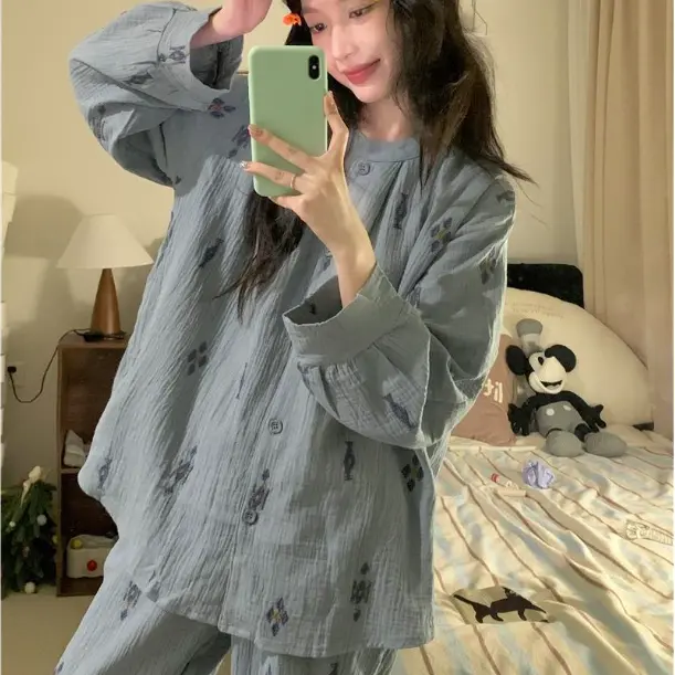 Bộ Đồ Ngủ Ins Thiết Kế Hình Thoi Màu Xám Và Xanh Dương Ấm Áp Dành Cho Nữ Hàng Mới Về Phong Cách Hàn Quốc Đơn Giản Đồ Mặc Ở Nhà Bộ 2 Món Women Áo Top set đồ che bụng mỡ bigsize