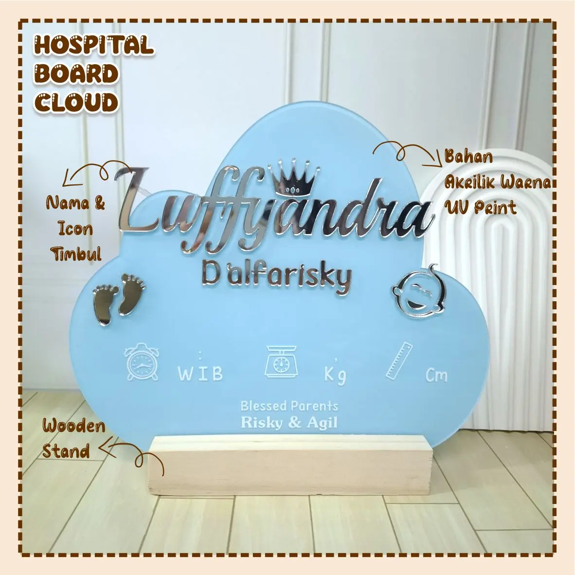 CLOUD BABY BOARD / HOSPITAL BOARD AWAN / AKRILIK KELAHIRAN BAYI BENTUK AWAN Kayu