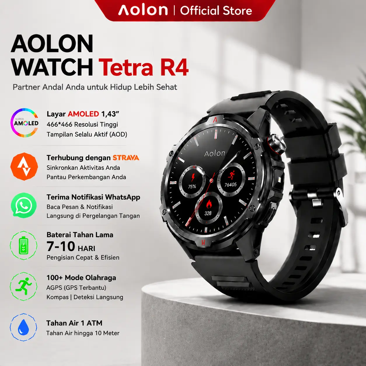 【COD/STRAVA】Aolon Tetra R4 Smartwatch Amoled AOD Cover Lock Compass Bluetooth Call Smart Watch 1.43“ 466*466 Display Heart Rate&Blood Oxygen Sleep Monitoring Flashlight Jam tangan pintar olahraga luar ruangan
