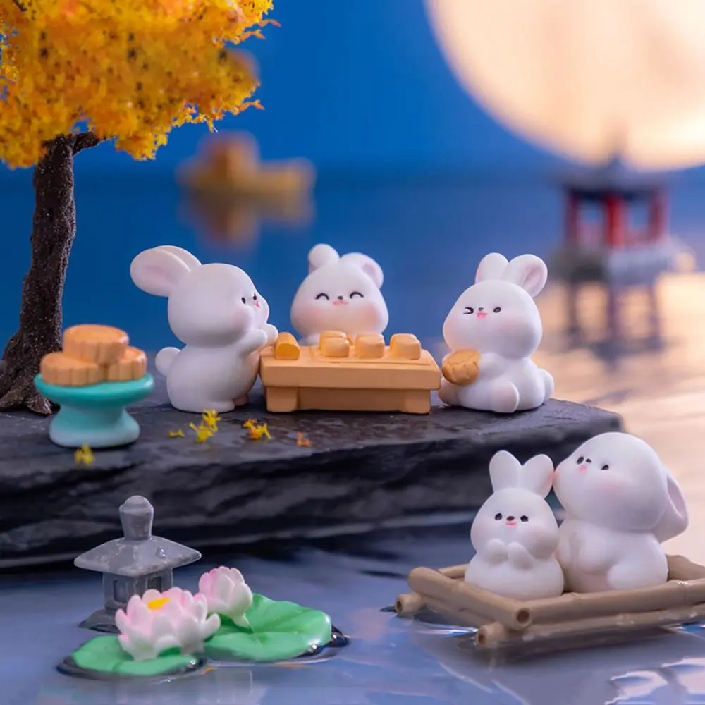 Creative Chinese Style Mooncake Rabbit Ornament Cartoon Resin Bunny Micro Landscape Mini Miniature Rabbit Figurine Car Decor