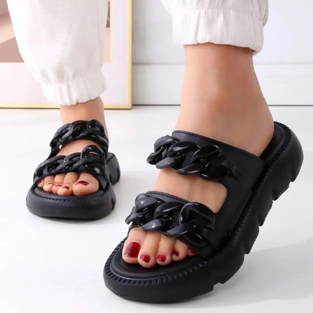 Sandal Wanita Sandal Slop Wanita Motif Rantai Viral Fashion Korea Kekinian Bahan Karet PCU Elastis Empuk dan Ringan