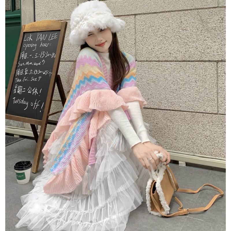 (HÀNG QC) Áo len kiểu nữ chất dệt kim AL676 dáng Mông Cổ form rộng viền sóng mix layer mùa thu đông Hàn Quốc Kozoda