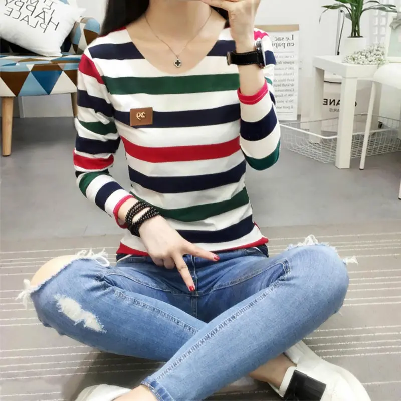Korean Women Striped Tops Long Sleeve  Cotton O Neck Casual T Shirts
