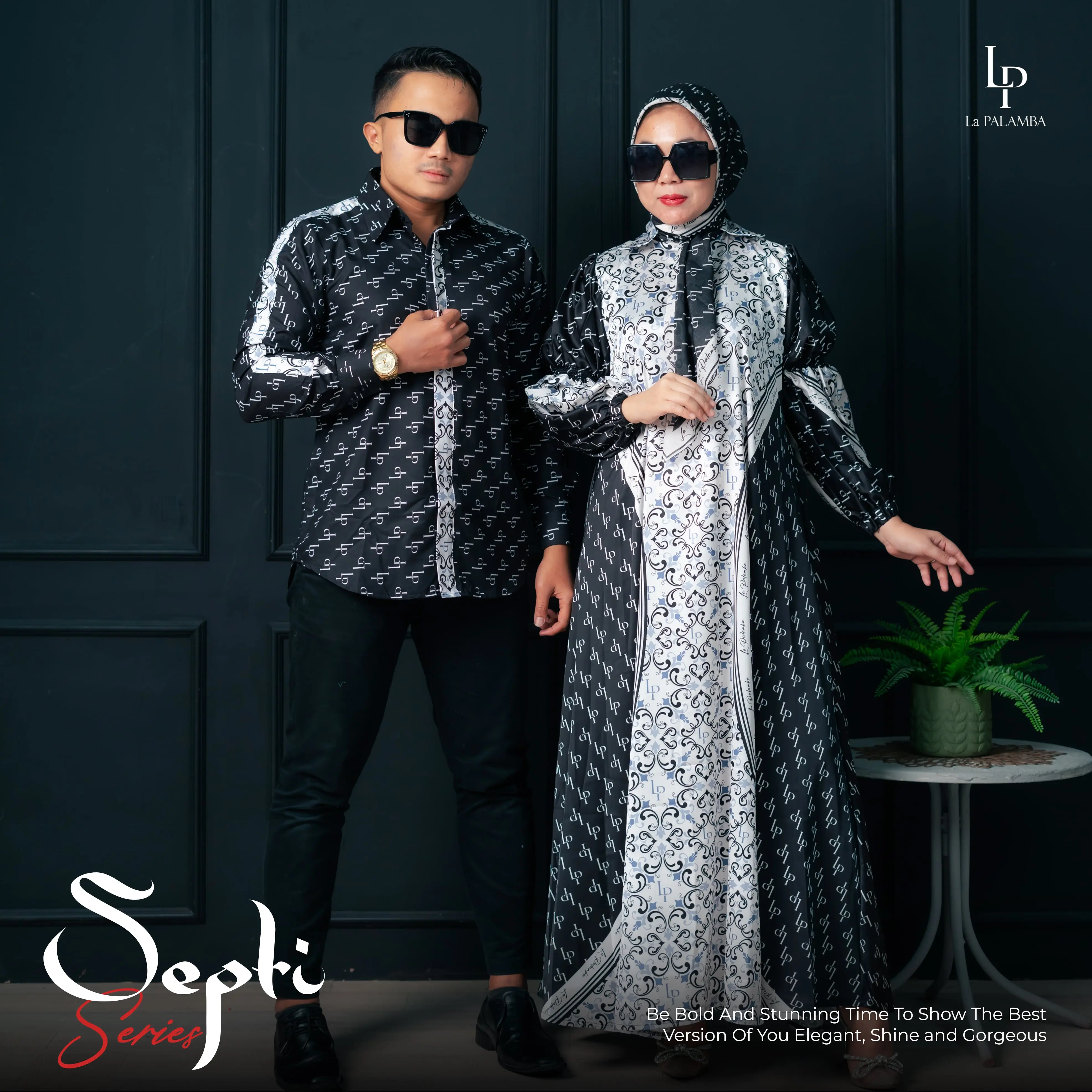 SEPTI COUPLE (COUPLE GAMIS WANITA+SCRAFT DAN KEMEJA PRIA) Sutra dan Katun