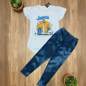Baju Kaos Setelan Anak Perempuan, Baju Kaos Setelan Anak Bergambar Monas, Setelan Anak celana panjang Fashion Motif