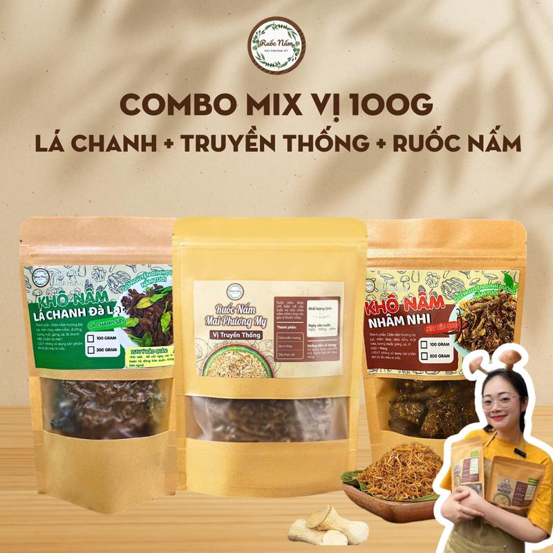 [COMBO MIX VI] Ruốc nấm truyền thống 100g + Khô nấm lá chanh 100g + Khô nấm nhâm nhi 100g trải nghiệm ăn chay, ăn vặt từ chân nấm hương Đà Lạt