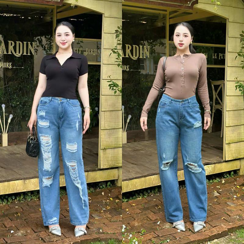  Quần Jean Nữ Quần Suông Ống Rộng Rách BigSize 55-90kg 4454 4417 Dài 103cm Không Co Dãn Quần Jean Ống Rộng Wash Màu Quần Bò Nữ Ống Rộng Dáng Xuông Pants Denim Ong Women Baggy 