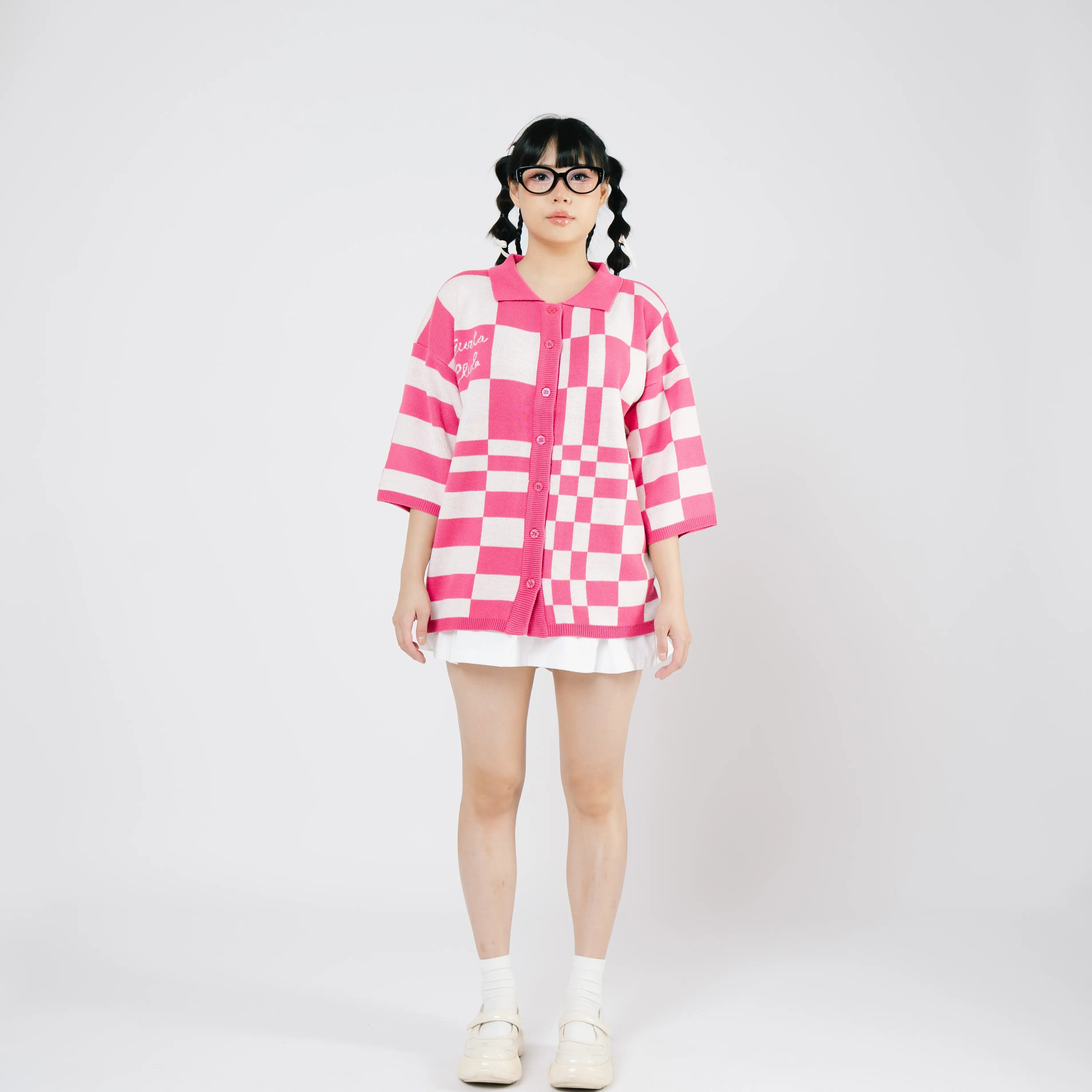 Gurls Club Shirt Knit - Knizzle Pink | Top Knitwear Wanita Casual Cardigan Lembut Nyaman Tebal Oversize Crop Basic Pendek Panjang Kerah Kardigan Outer Stretch Atasan Baju