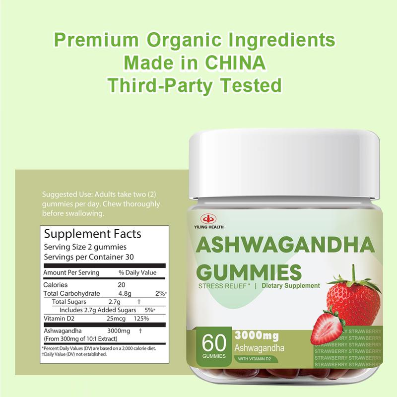 Kẹo cao su Ashwagandha, Yiling, 3000 mg Chiết xuất gốc Ashwagandha có hiệu lực cao, với Vitamin D2, dành cho nam và nữ, Hương vị dâu tây, 60 Đếm (Gói 1) kẹo  dẻo 7