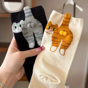 【ONE】かわいい3Dタビー猫の靴下（ブーティーズ風の肉球＆鈴付き首輪）— 男女兼用の暖かい冬用厚手カジュアルソックス（洗濯機で洗える）。人気商品 ハッピーソックス カバーソックス ショート ソックス かわいい 靴下