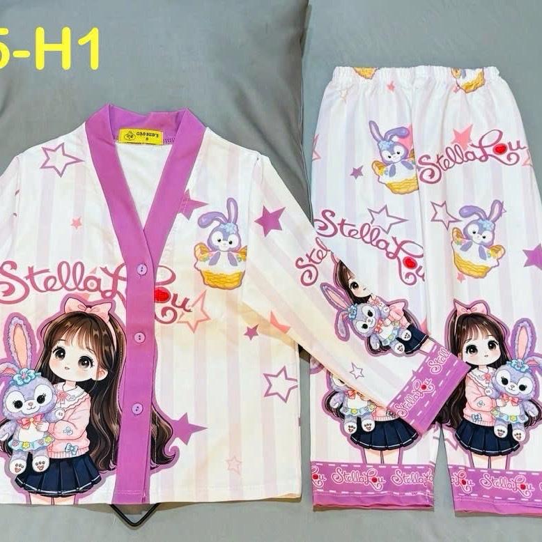 Mã A105 mẫu pizama tay dài quần dài cổ chữ Y cho bé gái từ 12kg đến 42kg chất thun lạnh co giãn bốn chiều