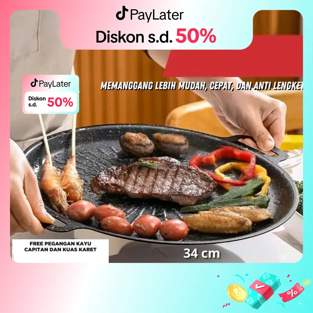 Pan Grill Anti Lengket/Alat Grill Panggang Panggangan BBQ Bulat Kompor /Wajan Pemanggang BBQ Grill Pan Anti Lengket Serbaguna 34 cm Portable Kitchenware