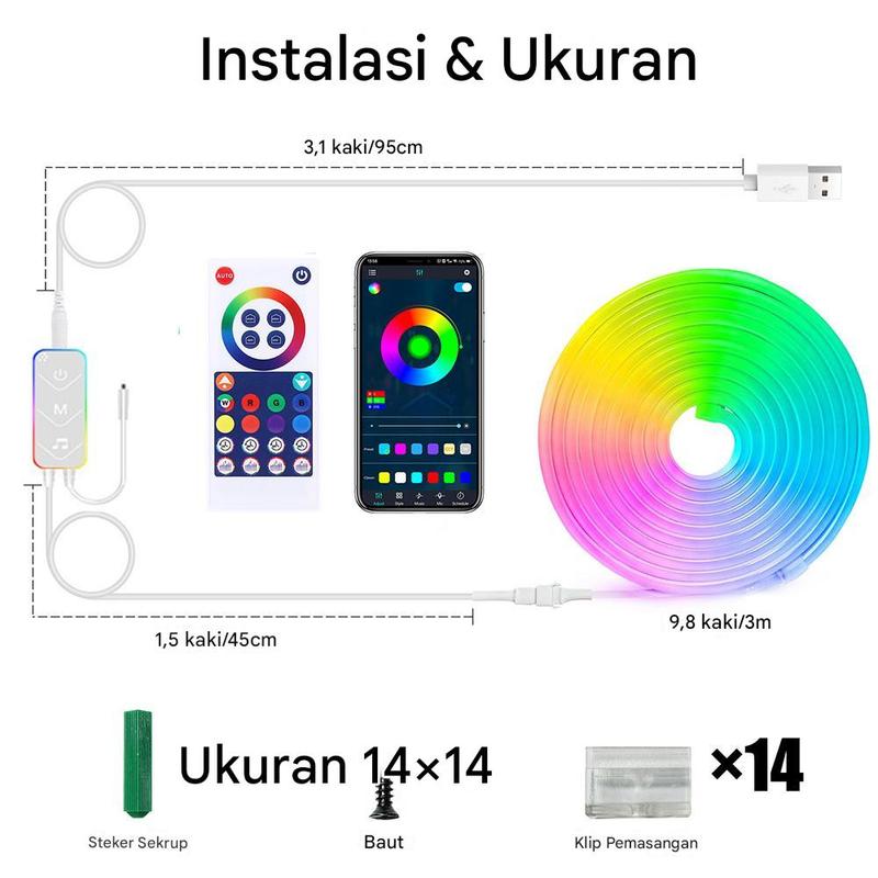 Lampu Neon Flex Running RGB 3 Meter Remote Led Strip Bluetooth USB Kamar Tidur Hias lampu  running aesthetic 2