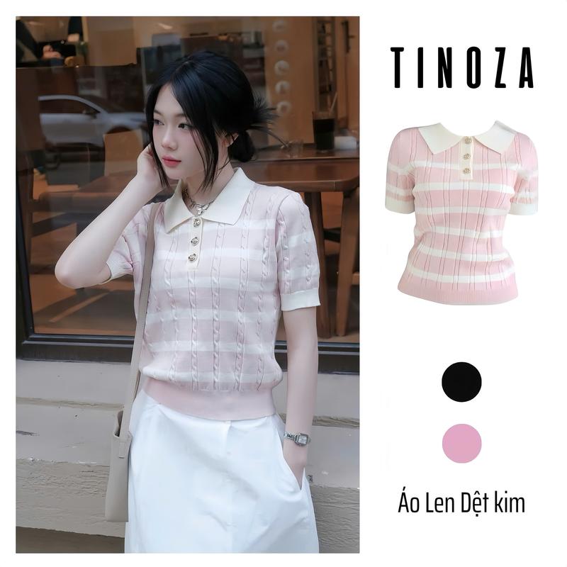 Deal Mở Bán BST Hè 2025 Áo Len Dệt Kim Hè 2 Màu Phối Cúc Vàng Đồng Bông Hoa Kết Hợp Kẻ Ngang Phù Hợp Đi Làm,Đi Chơi,.... M09-TINOZA