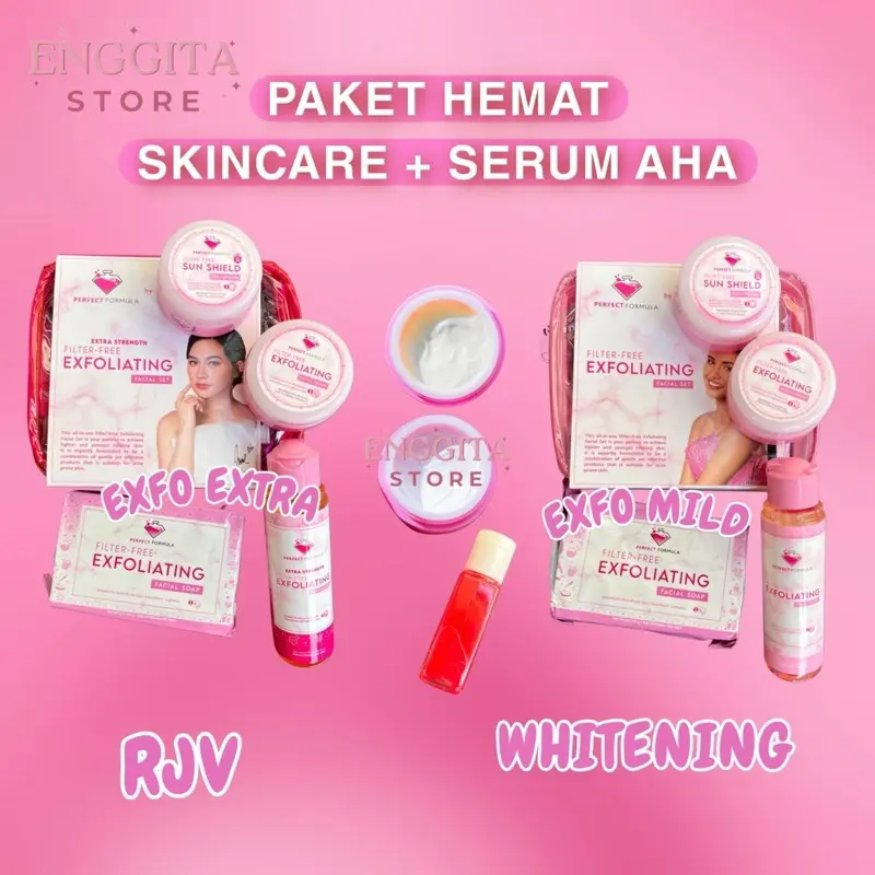 Paket skincare + serum AHA •RJV, Exfo extra, Exfo mild, Whitening & Tomato• EXFOLIATING PERFECT FORMULA