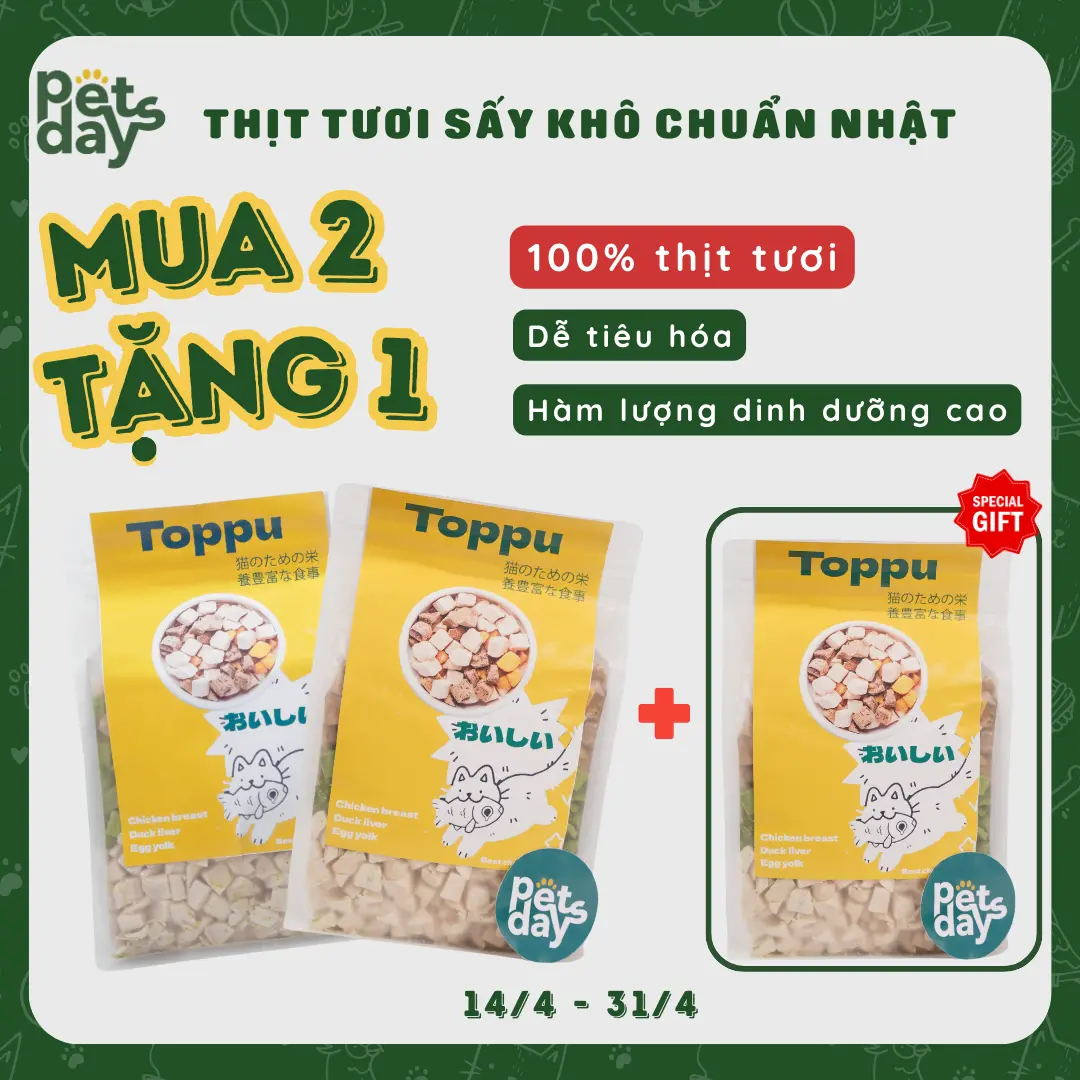 Ức gà sấy khô cho mèo Toppu - Ức gà, gan vịt, lòng đỏ sấy công nghệ nhật bản giữ trọn 100% chất