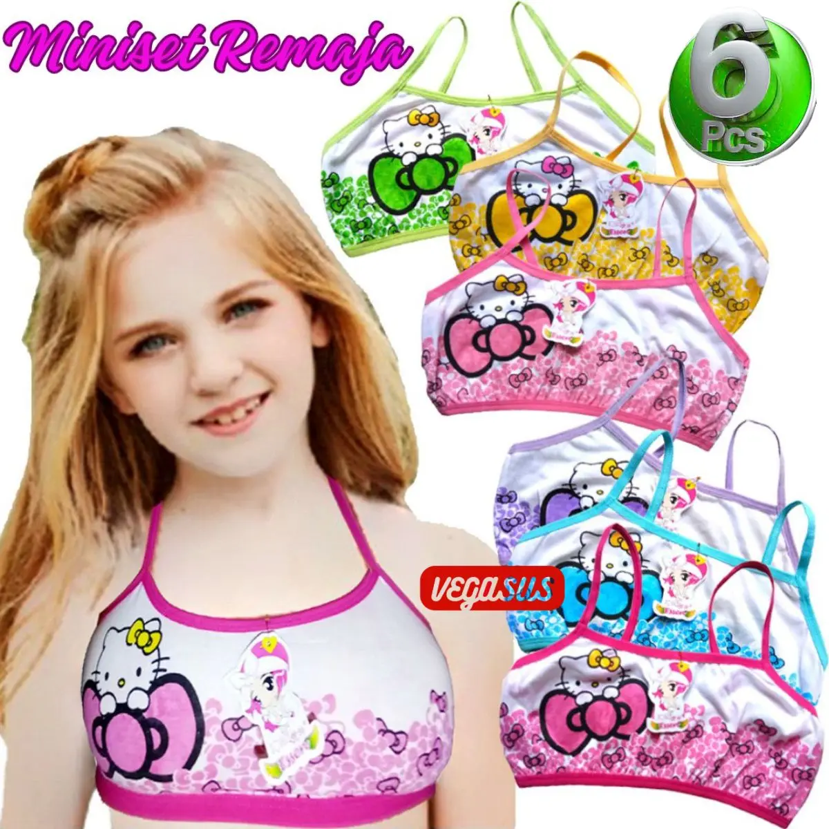 6Pcs Miniset Anak Perempuan SD-SMP Remaja ABG 6-12Tahun-Miniset karakter Hello Kitty Tali Kecil Fashion xl 13-14 tahun