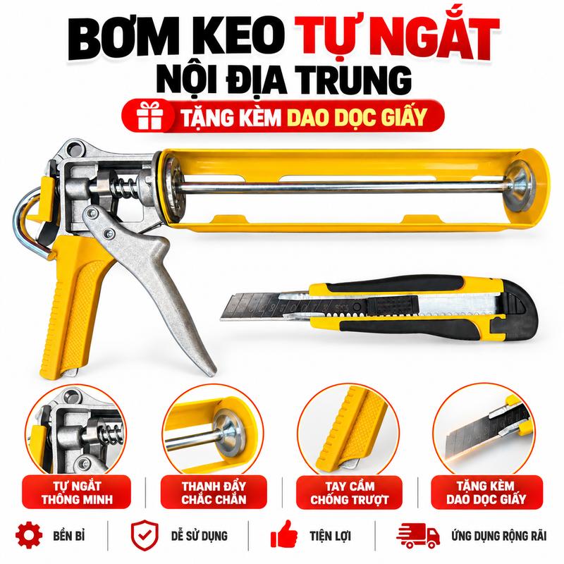 Dụng Cụ Bơm Keo Silicon Tự Ngắt Tặng Kèm Dao Giấy Xịn, Dụng Cụ Ban Keo Silicon…