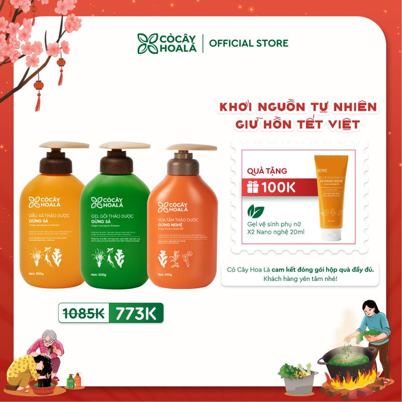   COMBO DỊU NHẸ BÊN MẸ  Combo gội xả Thảo Dược Gừng Sả 500g Combo & Sữa Tắm Thảo Dược Gừng Nghệ 500g Cỏ Cây Hoa Lá - Tặng Combo gội xả Gừng sả mini 30g 